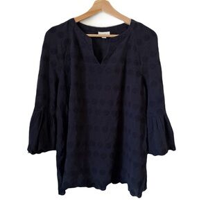 J Jill Embroidered Eyelet Notched Quarter Bell Sleeves Top Size S Navy